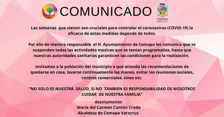 AYUNTAMIENTO DE COMAPA SUSPENDE EVENTO DE EQUINOCCIO DE PRIMAVERA ANTE ALERTA SANITARIA DEL CORONAVIRUS