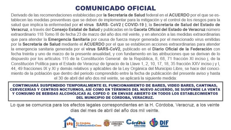 AMPLÍAN SUSPENSIÓN DE ACTIVIDADES EN BARES, VIDEOBARES, CANTINAS, CERVECERÍAS Y CENTROS NOCTURNOS DE CÓRDOBA