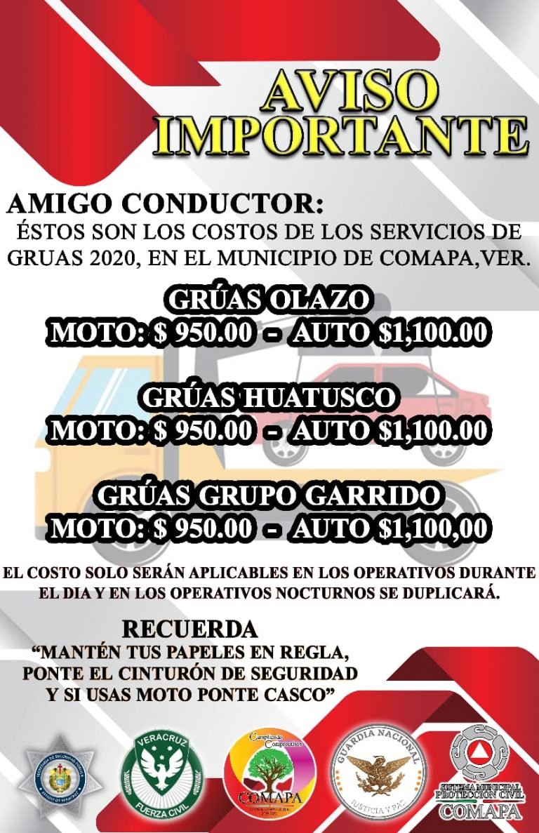 TRÁS ACUERDOS SE DAN A CONOCER LAS TARIFAS DE GRUAS EN «OPERATIVO CERO TOLERANCIA»