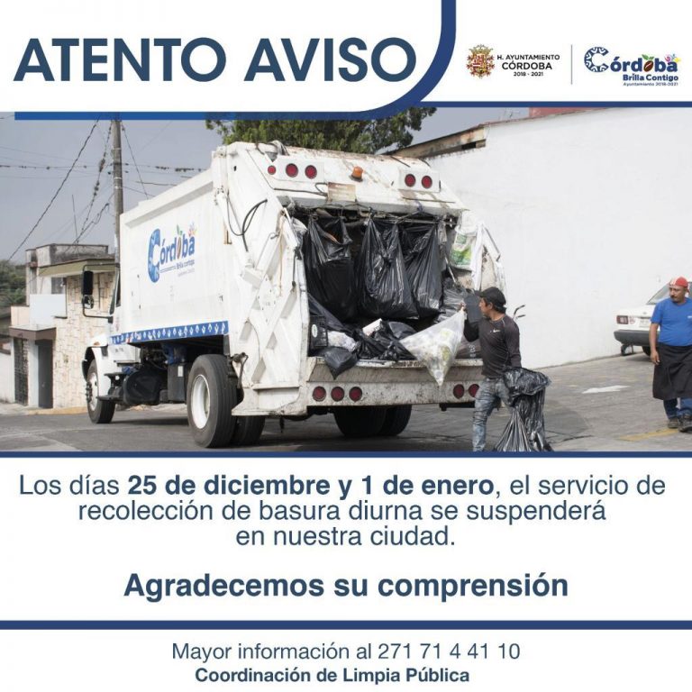 HABRÁ SUSPENSIÓN DE SERVICIO DE LIMPIA PÚBLICA POR FESTEJOS DECEMBRINOS EN CÓRDOBA