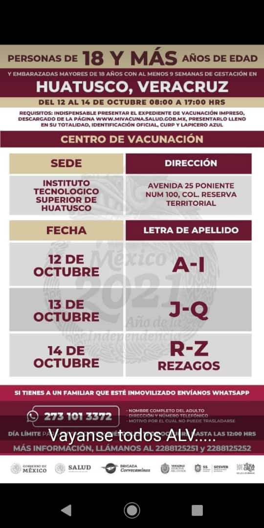 APLICARÁN VACUNA CONTRA COVID-19 A PERSONAS DE 18 AÑOS Y MÁS EN HUATUSCO