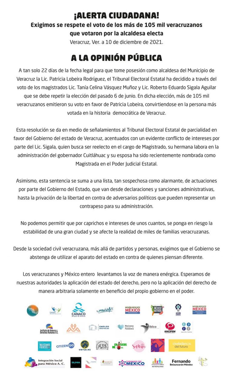CÁMARAS EMPRESARIALES Y ORGANISMOS SOCIALES EXIGEN SE RESPETE EL VOTO DE LOS MÁS DE 105 MIL VERACRUZANOS QUE VOTARON POR LA ALCALDESA ELECTA PATRICIA LOBEIRA