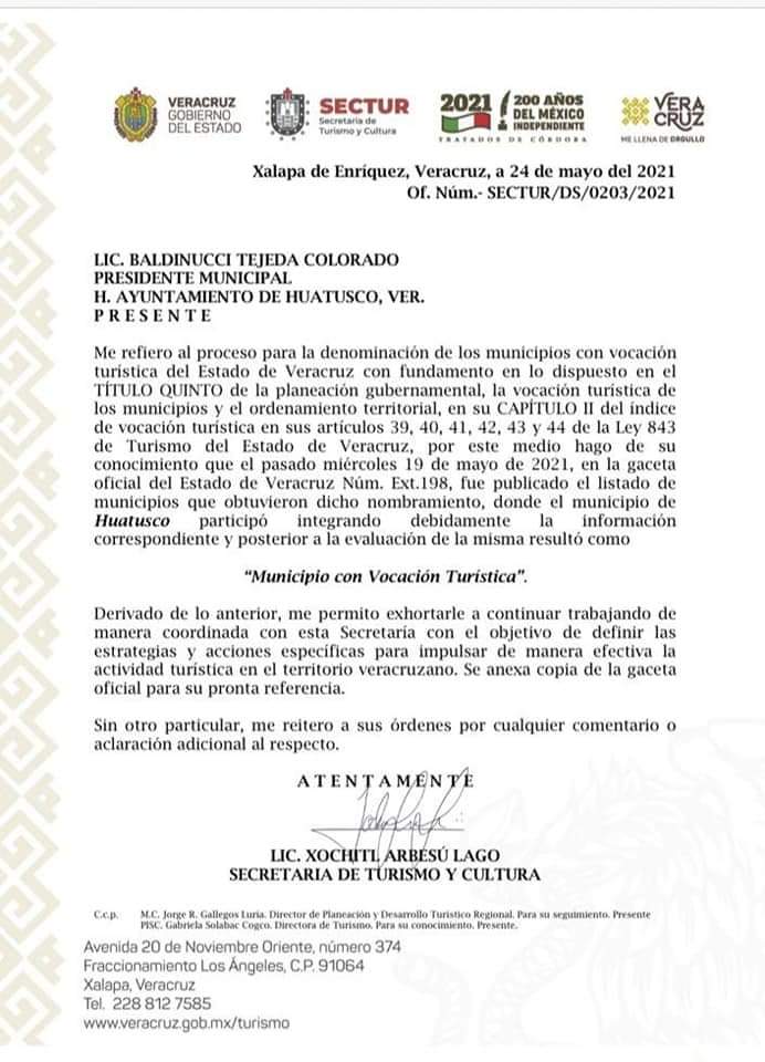 HUATUSCO RECIBE EL NOMBRAMIENTO «MUNICIPIO CON VOCACIÓN TURÍSTICA»