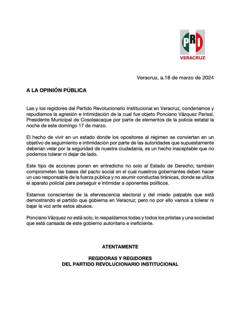 REGIDORES PRIÍSTAS DE VERACRUZ RESPALDAN A PONCIANO VÁZQUEZ TRAS SER AGREDIDO